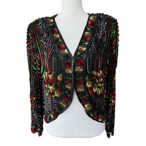 GINA G Beaded Sequin Jacket Black Red Green Gold Holiday Party Opera Size L